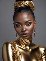 ai generiert ein schön schwarz Mädchen tragen ein glänzend golden Outfit und ein verlängert, oval geformt Ohrring foto