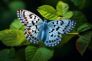 ai generiert Schmetterling Insekt aussteigen auf Blätter mit Blau Flügel foto