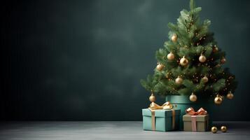 ai generiert festlich Weihnachten Baum und bunt Geschenke auf Grün Hintergrund foto