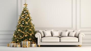 ai generiert festlich Weihnachten Baum mit Weiß Sofa und Geschenke im ein gemütlich Leben Zimmer Innere mit hell Stimmung foto