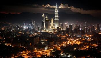 ai generiert Nacht Stadtbild mit Wolkenkratzer, städtisch Horizont, und beleuchtet die Architektur generiert durch ai foto