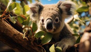 ai generiert süß Koala Sitzung auf Zweig, suchen beim Kamera im Natur generiert durch ai foto