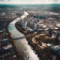 ai generiert ein Antenne Aussicht von ein Stadt und ein Fluss foto