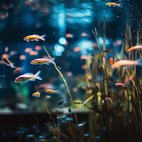 ai generiert ein Gruppe von Fisch Schwimmen im ein Aquarium foto