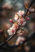 ai generiert ein Ast von ein Baum mit Sakura Blumen foto