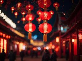 ai generiert Chinesisch Mond- Neu Jahr Feier Laterne Ornament Dekoration auf verschwommen. defokussiert verschwommen Hintergrund foto