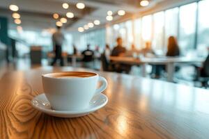 ai generiert Tasse von Kaffee auf das Tabelle im das Büro im das Hintergrund mit Büro Arbeitskräfte. foto