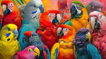 ai generiert beschwingt Herde von Papageien im ein randalieren von Farben. foto