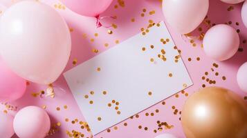 ai generiert Geburtstag Feier Rosa Luftballons und Einladung Karte foto