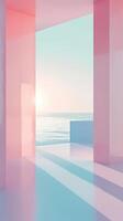 ai generiert heiter Pastell- Sonnenaufgang Aussicht durch modern minimalistisch Fenster. Hintergrund zum instagram Geschichte, Banner foto