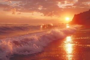 ai generiert schön tropisch Sonnenuntergang auf Ozean Strand Fachmann Fotografie foto