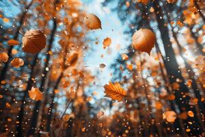 ai generiert Blütenblatt Blumen Konfetti fallen von ein hell Blau Himmel auf ein Herbst oder Frühling Fachmann Fotografie foto