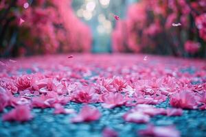 ai generiert Blütenblatt Blumen Konfetti fallen von ein hell Blau Himmel auf ein Herbst oder Frühling Fachmann Fotografie foto