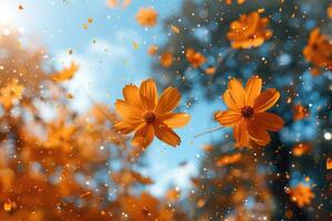 ai generiert Blütenblatt Blumen Konfetti fallen von ein hell Blau Himmel auf ein Herbst oder Frühling Fachmann Fotografie foto