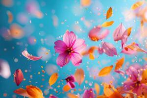 ai generiert Blütenblatt Blumen Konfetti fallen von ein hell Blau Himmel auf ein Herbst oder Frühling Fachmann Fotografie foto