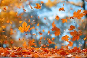 ai generiert Blütenblatt Blumen Konfetti fallen von ein hell Blau Himmel auf ein Herbst oder Frühling Fachmann Fotografie foto