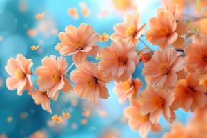 ai generiert Blütenblatt Blumen Konfetti fallen von ein hell Blau Himmel auf ein Herbst oder Frühling Fachmann Fotografie foto