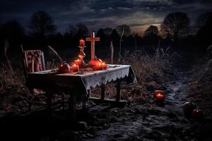 ai generiert Halloween Konzept, düster Wald und Friedhof foto