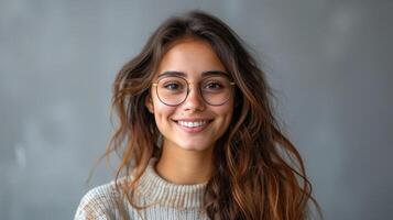 ai generiert jung lächelnd indisch Frau tragen Brille halten Laptop Computer isoliert auf grau Studio Hintergrund, Teen Mädchen suchen beim Gerät auf Kamera Stand, Porträt. foto