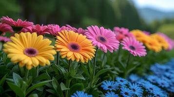 ai generiert Blume Bett im ein Park mit ein Menge von Farben. Frühling Blüten im ein Blumenbeet. Blumenbeete im ein Garten mit hell Blume Farben. mehrfarbig blüht im ein Vorderseite Garten. draussen Sommer- foto