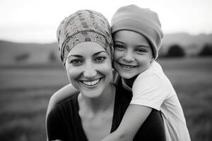 ai generiert süß Vorschule Mädchen mit ihr Mutter, ein jung Krebs geduldig foto