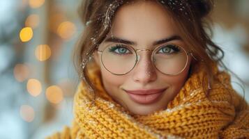 ai generiert im ein Herbst Tag, diese glücklich jung Frau genießt ein Tasse von Kaffee beim heim. sie ist grinsend wie sie Getränke heiß Tee im das Winter. sie ist tragen Brille und ein Sweatshirt mit ein Lächeln und foto