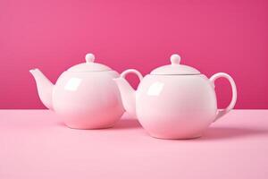 ai generiert zwei Weiß Porzellan Teekannen Lügen auf ein Rosa Hintergrund. foto
