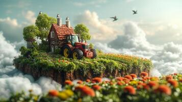 ai generiert ein 3d Illustration von Clever Landwirtschaft Konzept, ein Traktor auf ein schwebend Stück von Land mit kultiviert Felder und Getreide. landwirtschaftlich Konzept mit Wolken und Vögel. foto