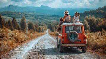 ai generiert ein Familie von vier ist auf ihr Weg zu das Strand zum das Wochenende. Mama und Papa sind Fahren mit ihr Tochter und ein Labrador Hund entlang. Freizeit, reisen, und Tourismus sind nehmen Ort. foto