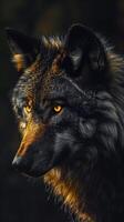 ai generiert ein fesselnd Bild von ein schwarz Wolf mit golden Augen, umhüllt im ein Aura von golden mystisch Flammen und Rauch, ausströmend ein heftig und magisch Atmosphäre. foto