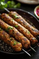 ai generiert kulinarisch Lizenzgebühren indisch Kebabs von awadhi Küche im elegant schick Stil foto