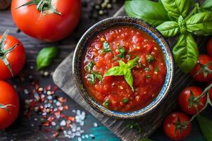 ai generiert kulinarisch Einfachheit Kochbuch Stil Foto von frisch Tomate Basilikum Soße