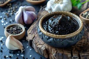 ai generiert Umami Eleganz fermentiert schwarz Knoblauch Einfügen kulinarisch Porträt foto