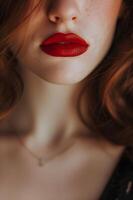 ai generiert Fett gedruckt und schön das Stärke von Frauen gefangen im Nahansicht rot Lippen foto