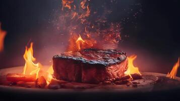 ai generiert ein groß Steak ist Sein gekocht auf ein Teller foto