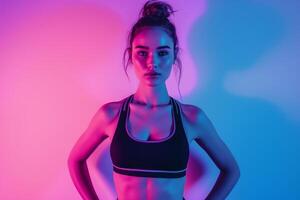 ai generiert ein Fitness Blogger Stehen im isoliert minimalistisch Farbe Hintergrund dynamisch fluoreszierend Beleuchtung foto
