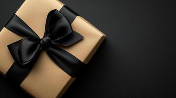 ai generiert Luxus Geschenk Box mit schwarz Bogen auf schwarz Hintergrund foto