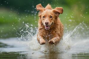 ai generiert ein Hund mit ein öffnen Mund springt auf das Wasser, erziehen spritzt im das Sonne Strahlen foto