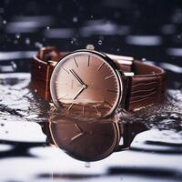 ai generiert Armbanduhr im ein minimalistisch Stil Lügen mit ein geschlossen Gurt auf ein glänzend Oberfläche mit Wasser Tropfen foto