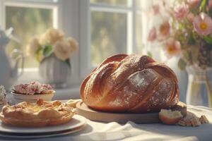 ai generiert Laib von Brot auf das Tisch, Kuchen auf ein Teller in der Nähe und Blumen durch das verwischen Fenster auf ein sonnig Tag foto