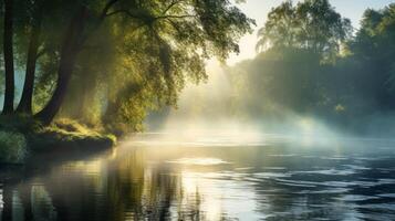 ai generiert Licht Dunst Über das Fluss, Bäume reflektiert im das Wasser, Morgen Sonnenlicht foto