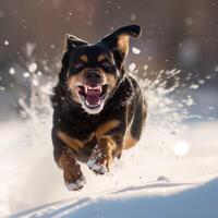 ai generiert ein Hund mit ein groß öffnen Mund läuft glücklich Springen im das Schnee foto