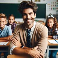 ai generiert gut aussehend männlich Professor Lehrer mit Studenten posieren zum Fotoshooting foto