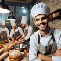 ai generiert männlich Koch und weiblich Koch Arbeiten Innerhalb ein Restaurant lächelnd posieren zum Fotoshooting foto