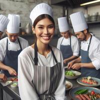 ai generiert männlich Koch und weiblich Koch Arbeiten Innerhalb ein Restaurant lächelnd posieren zum Fotoshooting foto