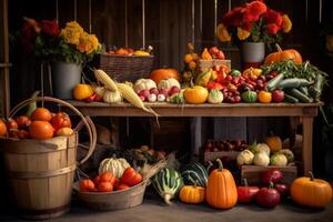 ai generiert fallen Ernte Markt mit Gemüse und Früchte foto