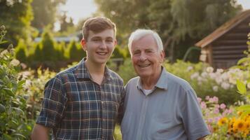 ai generiert ein 30 Jahre alt Mann und seine 60 Jahre alt Vater Stand und aussehen beim das Kamera lächelnd im ein Sommer- Blühen Garten foto