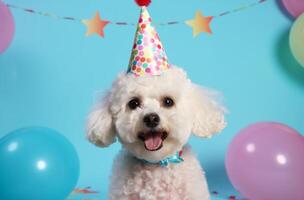 ai generiert ein Hund trägt ein Party Hut Party foto