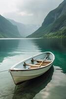 ai generiert ein einsam Boot schwimmt auf das Meer im das Fjorde von Norwegen foto