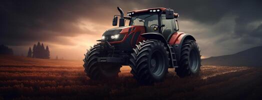 ai generiert ein Bild von ein rot Traktor, gehen langsam Nieder ein groß Feld foto